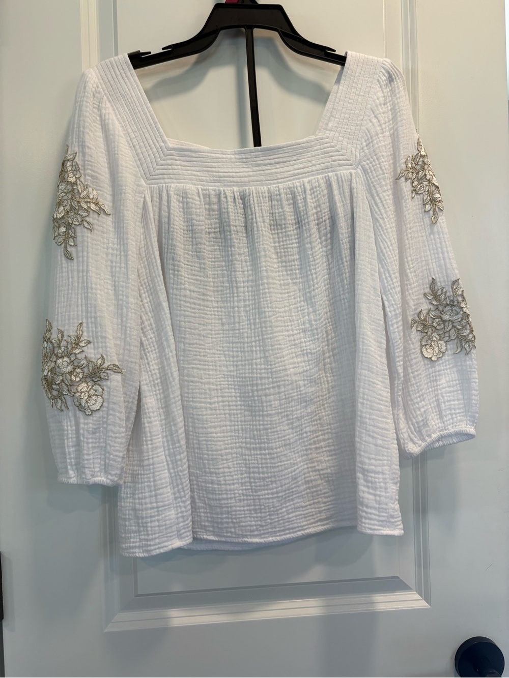 JM Collection White Square-Neck Blouse with Gold Floral Appliqué